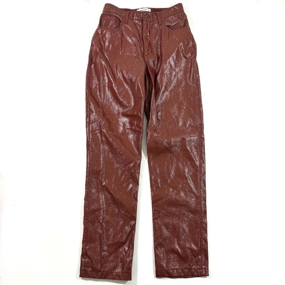 Abercrombie 90s Straight Ultra High Rise Pants Patent Leather Brown - Picture 1 of 9